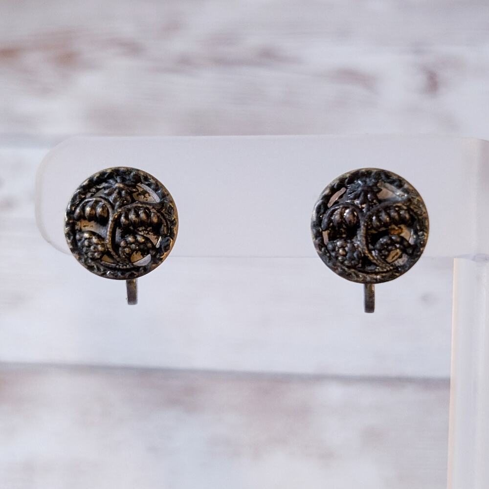 Vintage Screw Back Earrings Flower Design - Heavy Tarnish